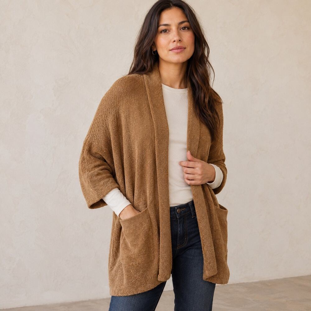Barefoot Dreams CozyChic Ultra Lite Cardigan L/XL Camel Pointelle Quiet Luxury